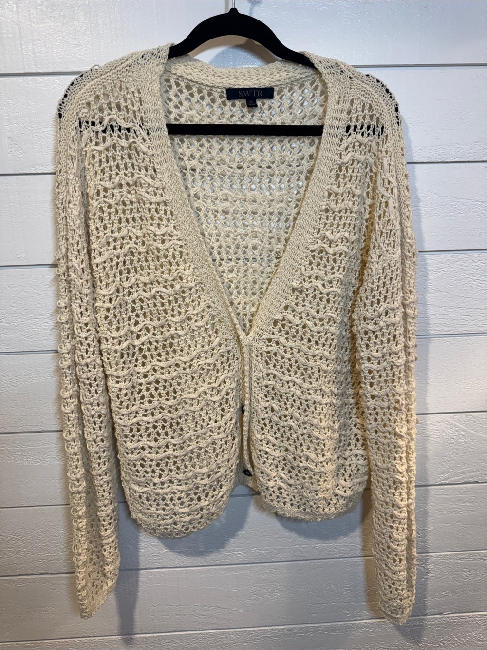 SWTR Cream Open-Knit V-Neck Cardigan Sweater- MEDIUM